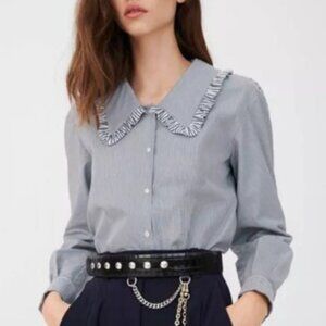 Maje Women's 100% Cotton 'Cival' Ruffle-collar Striped Shirt (Size FR 1/US S)